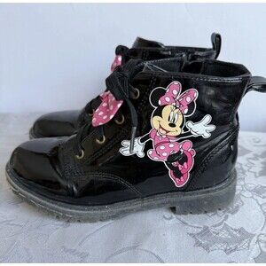 Disney Junior Minnie Mouse Black Faux Leather Ankle Girl’s Boots Us Size 12 Kids